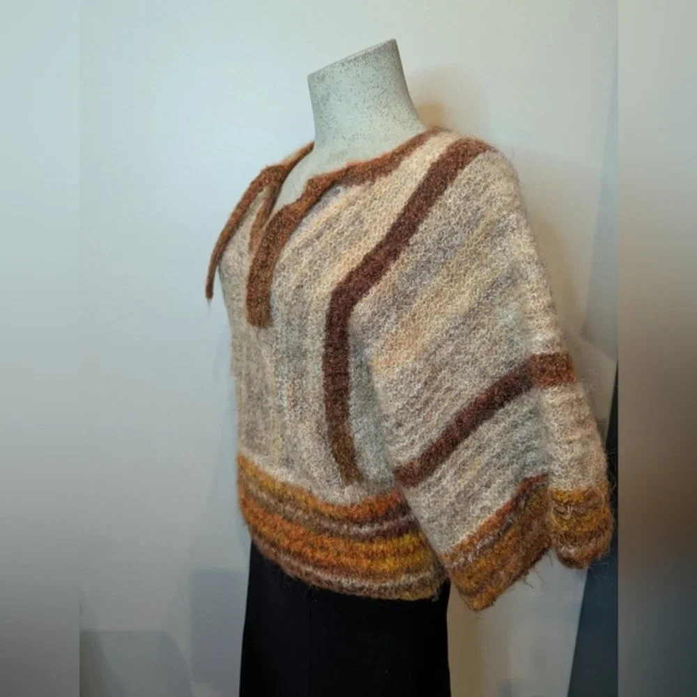 Vintage boho knit mohair Silk wool blend striped sweater kimono arm style Sz L